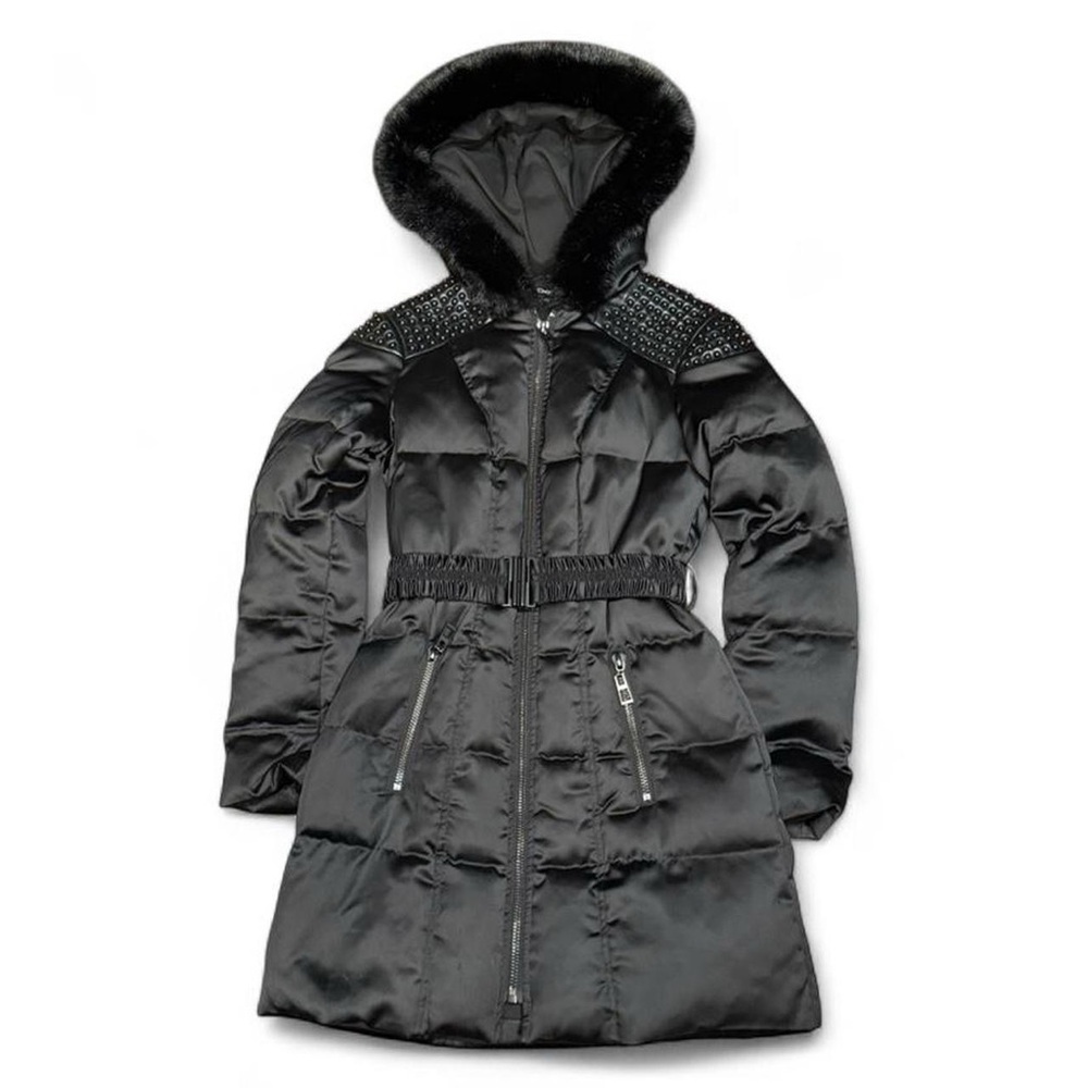 Y2K bebe Down Puffer Fur Hooded Studded Shoulder Belted Coat Jacket